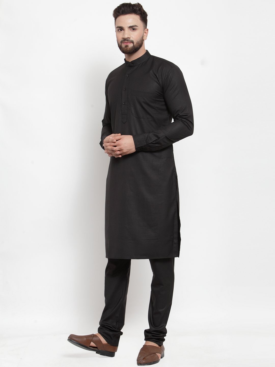 Jompers Men Black Solid Mandarin Collar Kurta with Churidar
