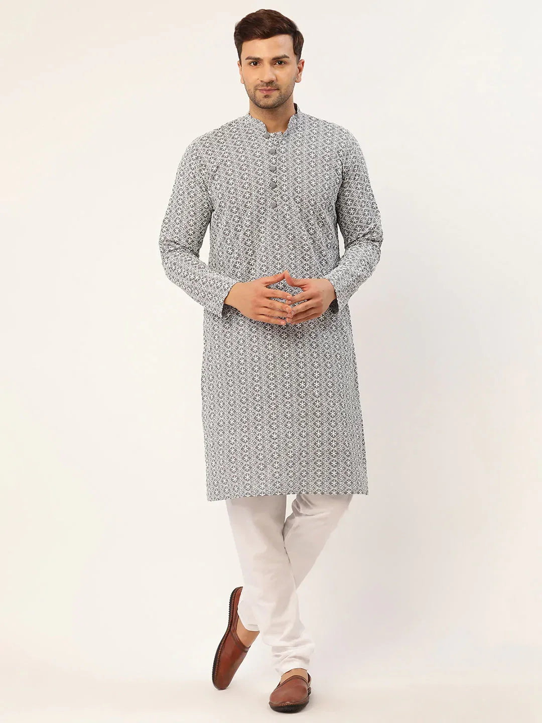 Jompers Men's Grey & White Embroidered Straight Kurta Pyjama Set