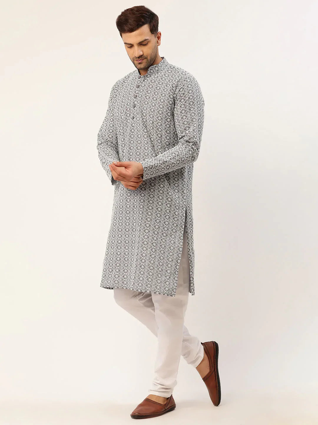 Jompers Men's Grey & White Embroidered Straight Kurta Pyjama Set