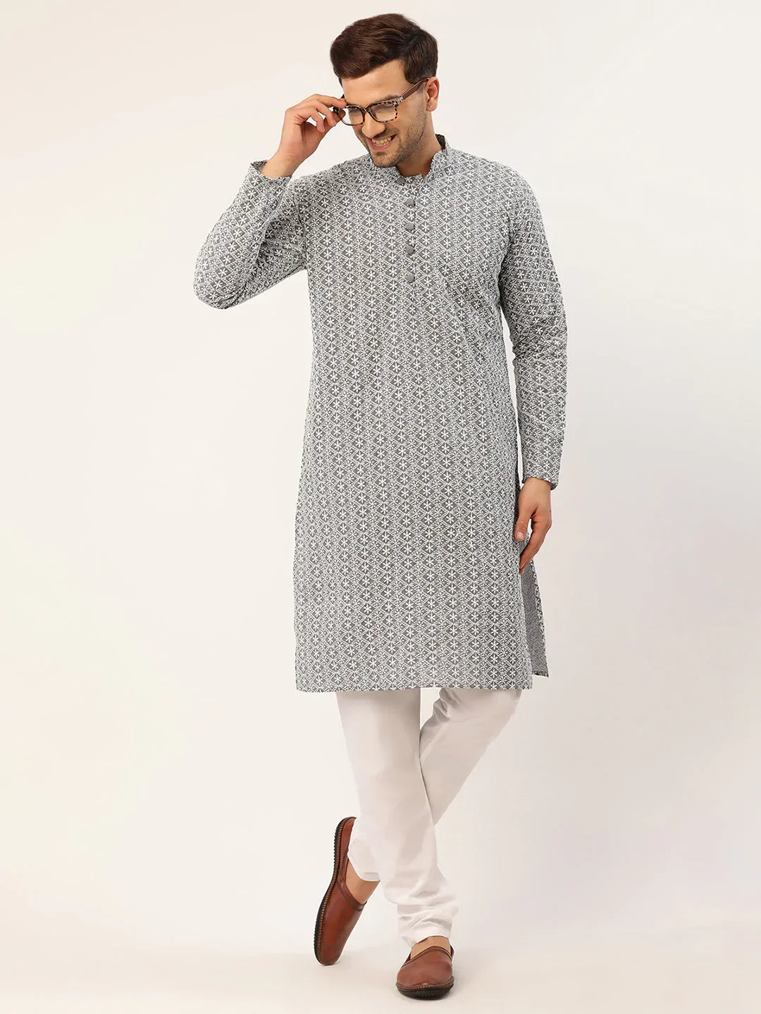Jompers Men's Grey & White Embroidered Straight Kurta Pyjama Set