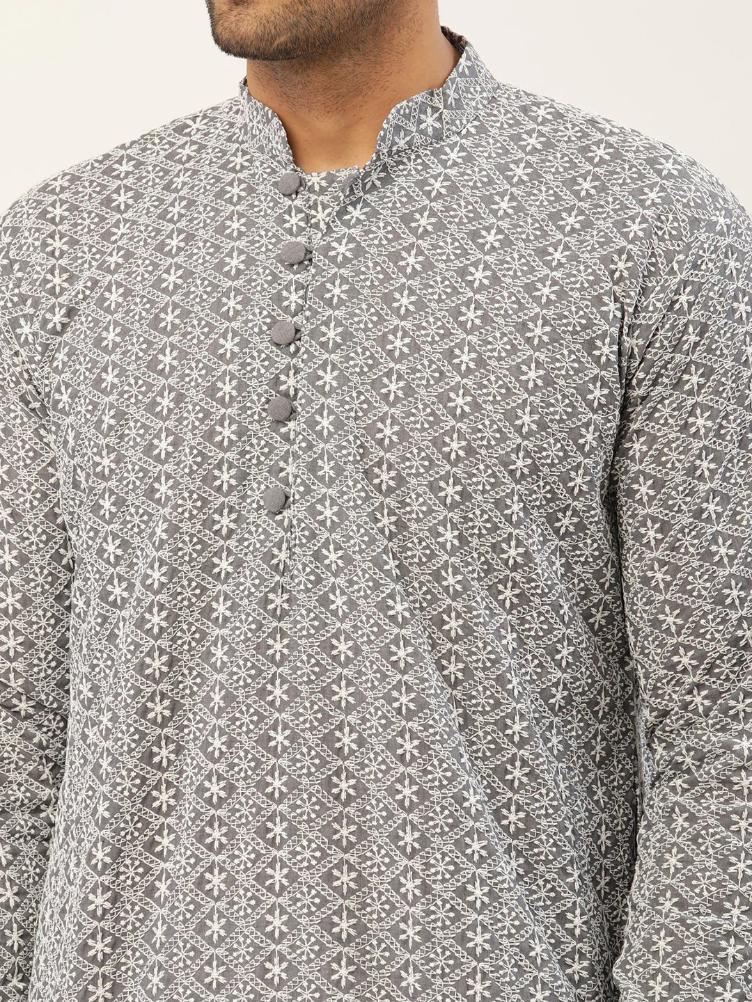 Jompers Men's Grey & White Embroidered Straight Kurta Pyjama Set