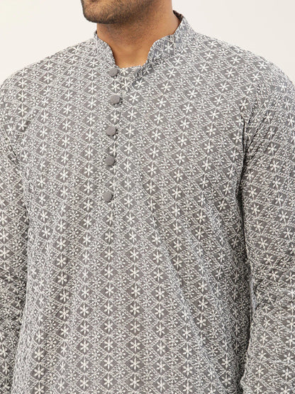 Jompers Men's Grey & White Embroidered Straight Kurta Pyjama Set