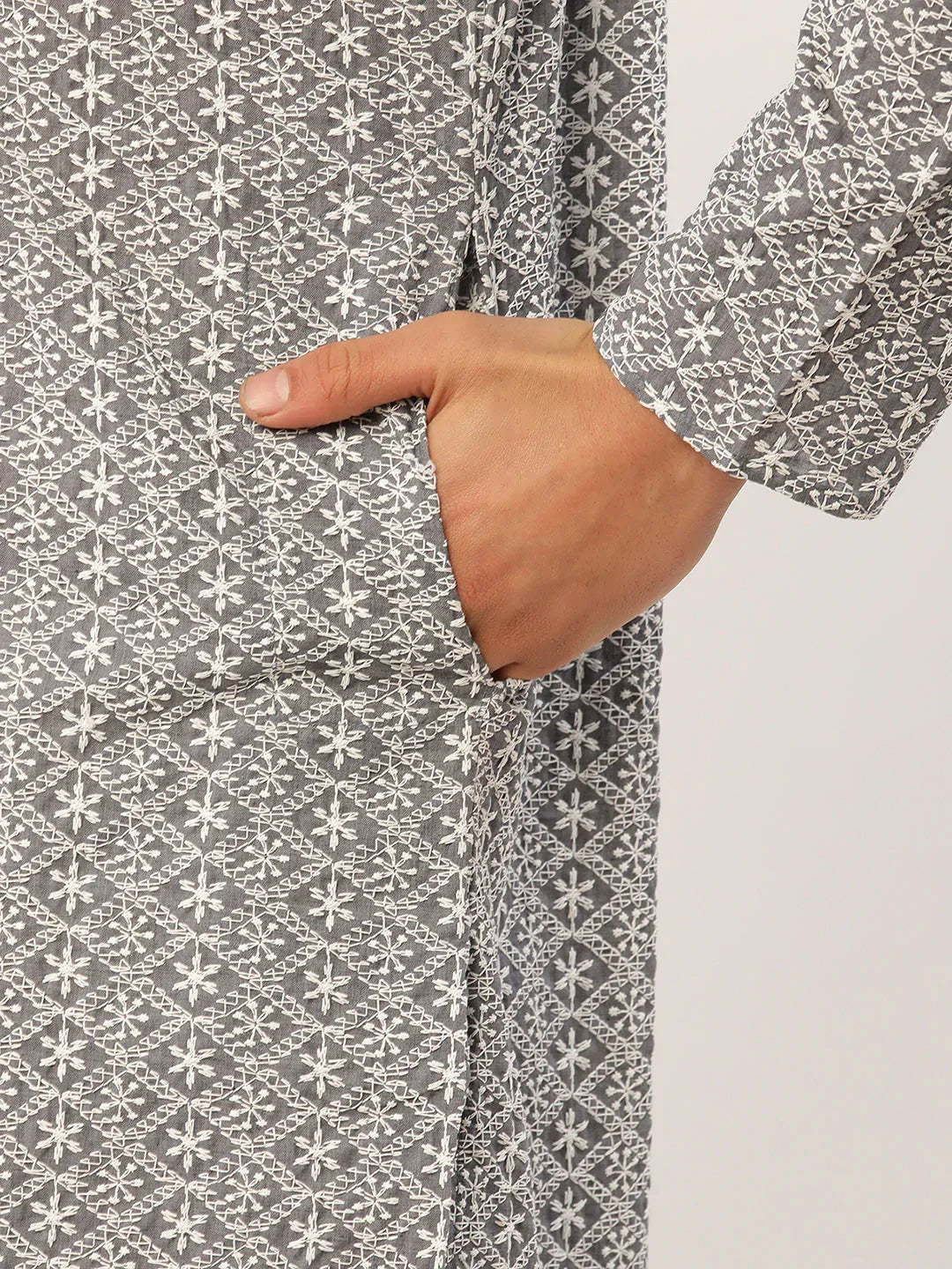Jompers Men's Grey & White Embroidered Straight Kurta Pyjama Set