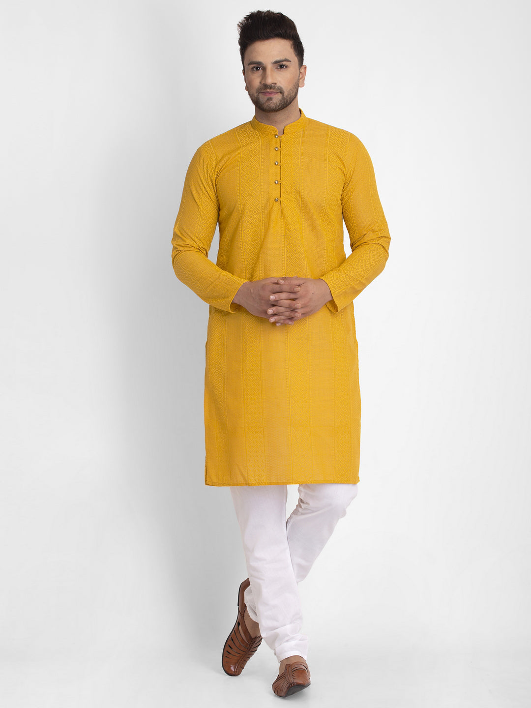 Jompers Men Mustard Embroidered Kurta with Pyjamas