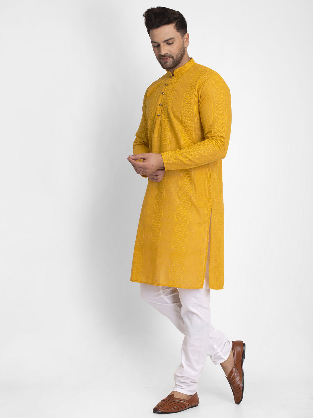 Jompers Men Mustard Embroidered Kurta with Pyjamas