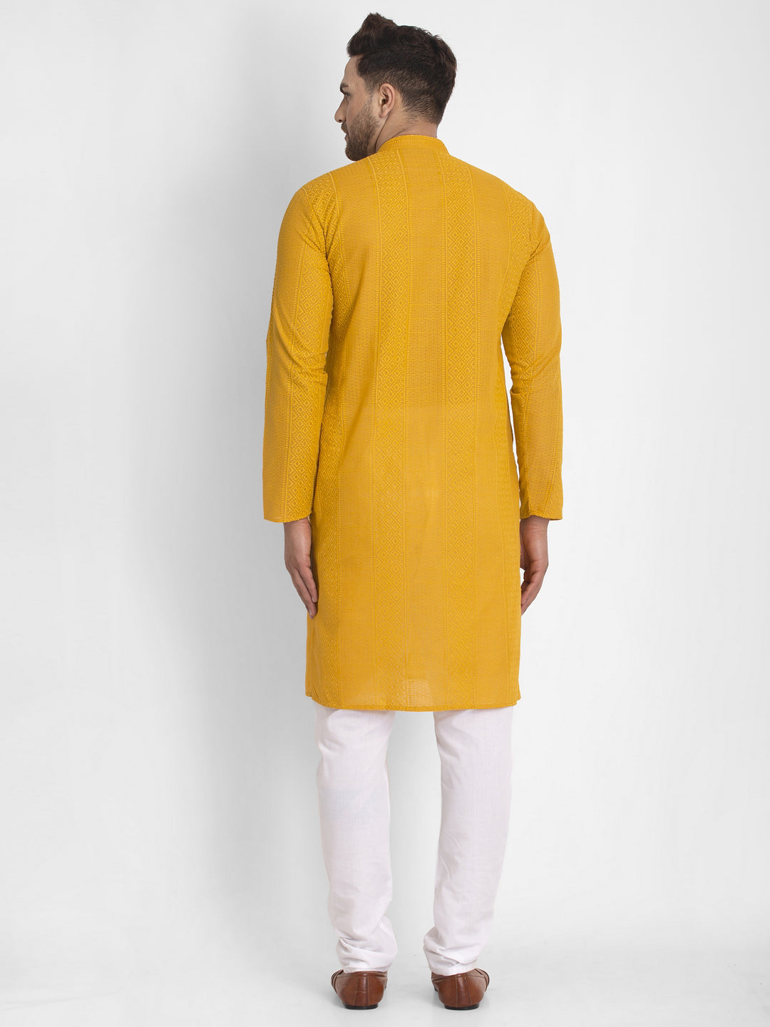 Jompers Men Mustard Embroidered Kurta with Pyjamas