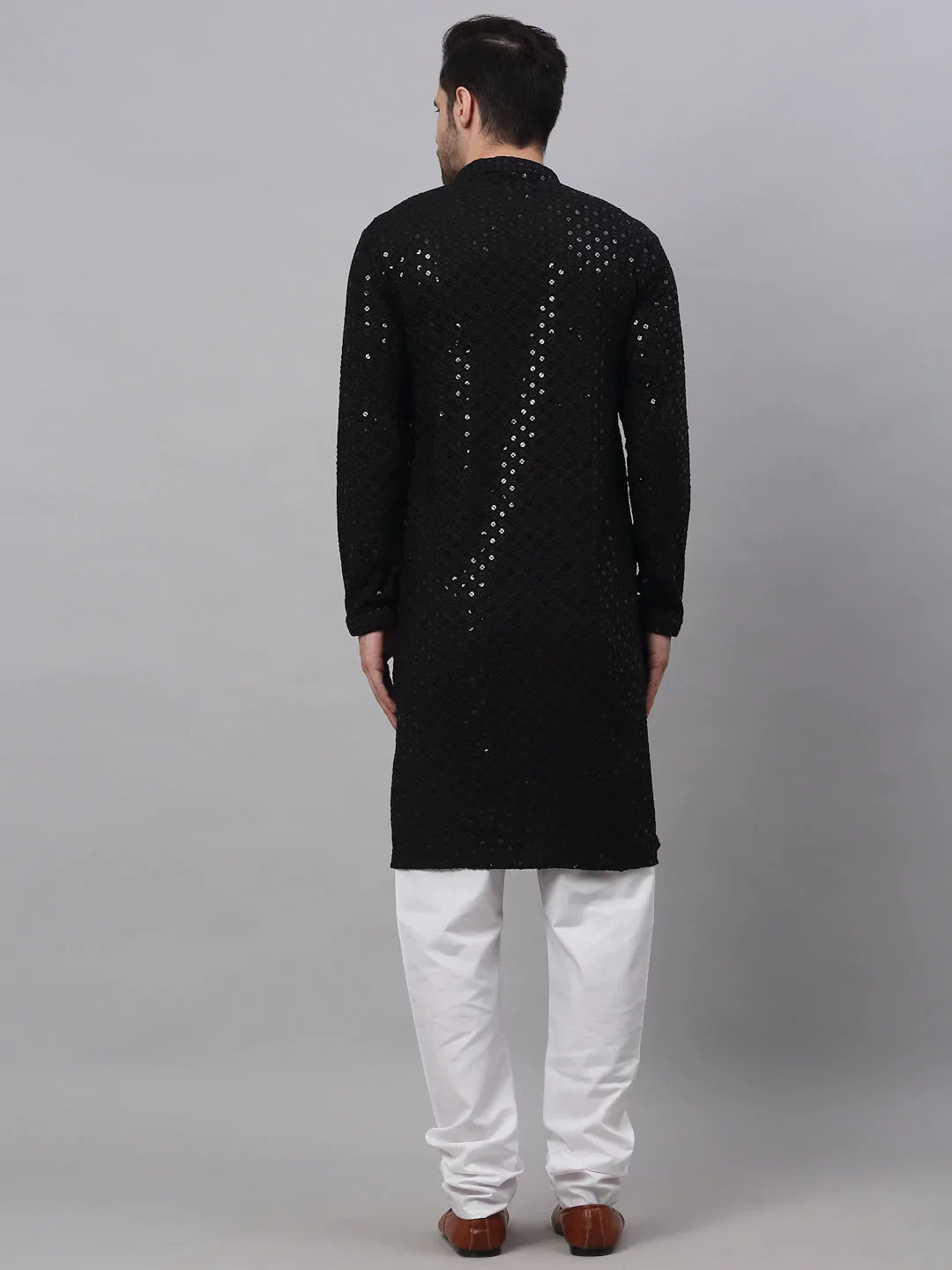 Jompers Men's Black Chikankari Embroidered and Sequence Kurta with Churidar