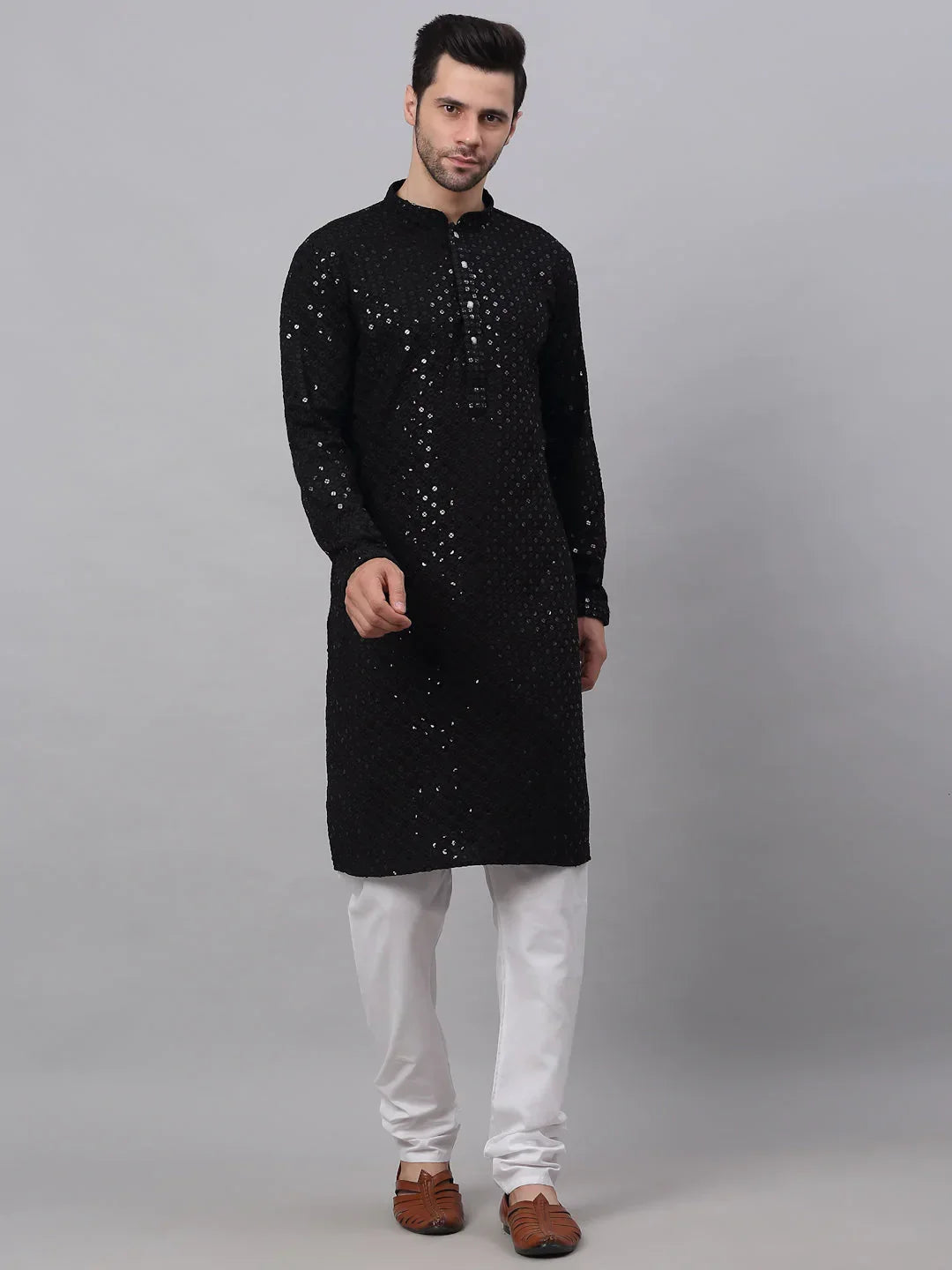 Jompers Men's Black Chikankari Embroidered and Sequence Kurta with Churidar