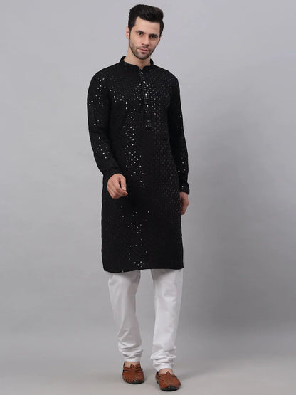 Jompers Men's Black Chikankari Embroidered and Sequence Kurta with Churidar