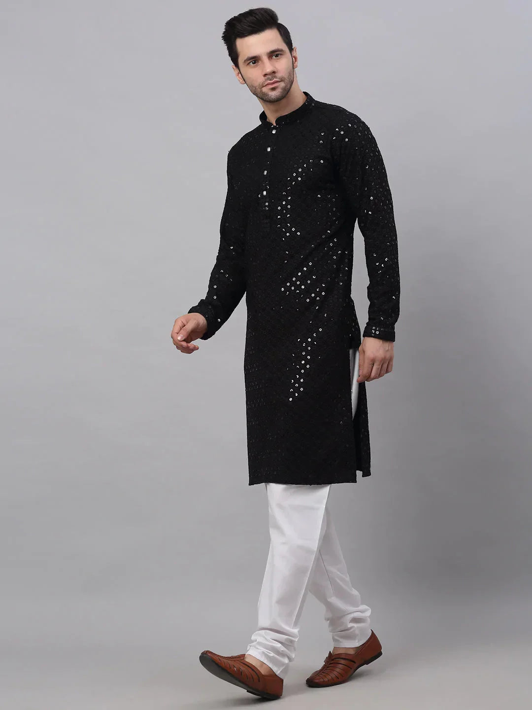 Jompers Men's Black Chikankari Embroidered and Sequence Kurta with Churidar