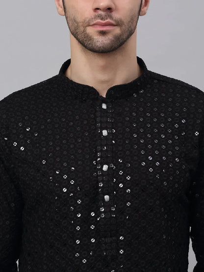 Jompers Men's Black Chikankari Embroidered and Sequence Kurta with Churidar