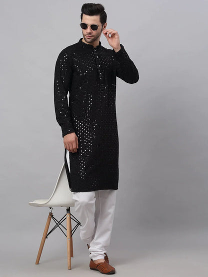 Jompers Men's Black Chikankari Embroidered and Sequence Kurta with Churidar