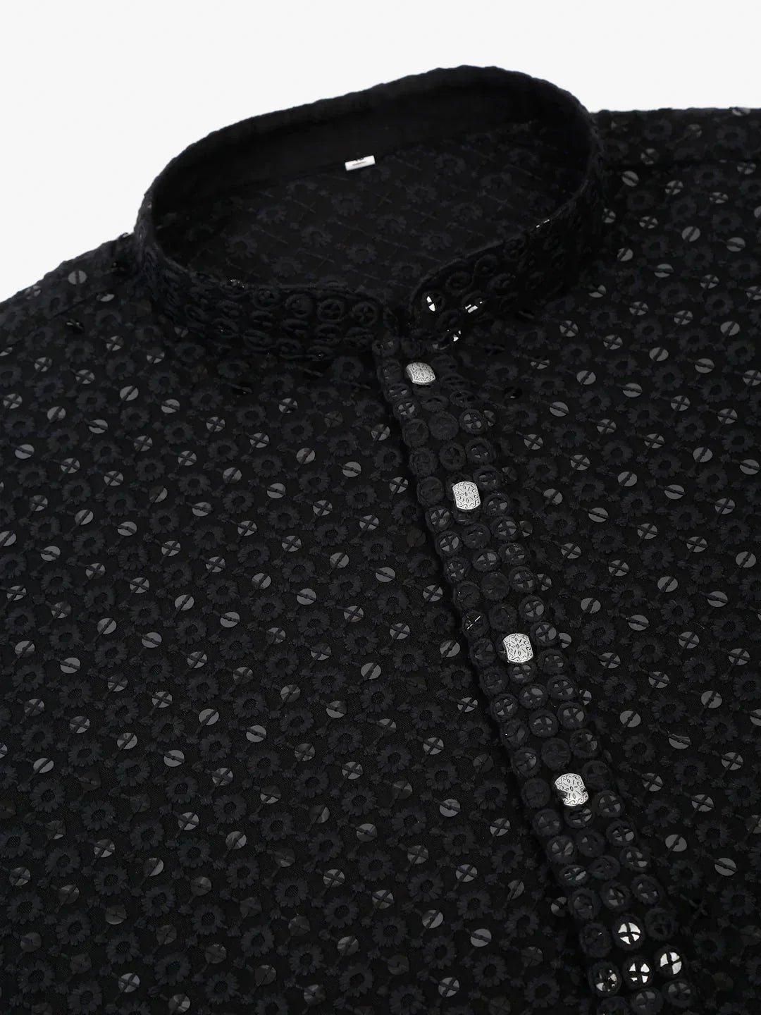 Jompers Men's Black Chikankari Embroidered and Sequence Kurta with Churidar