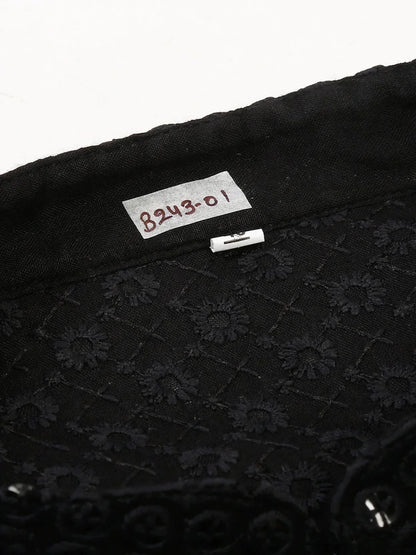 Jompers Men's Black Chikankari Embroidered and Sequence Kurta with Churidar