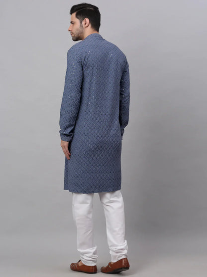 Jompers Men's Grey Chikankari Embroidered and Sequence Kurta with Churidar