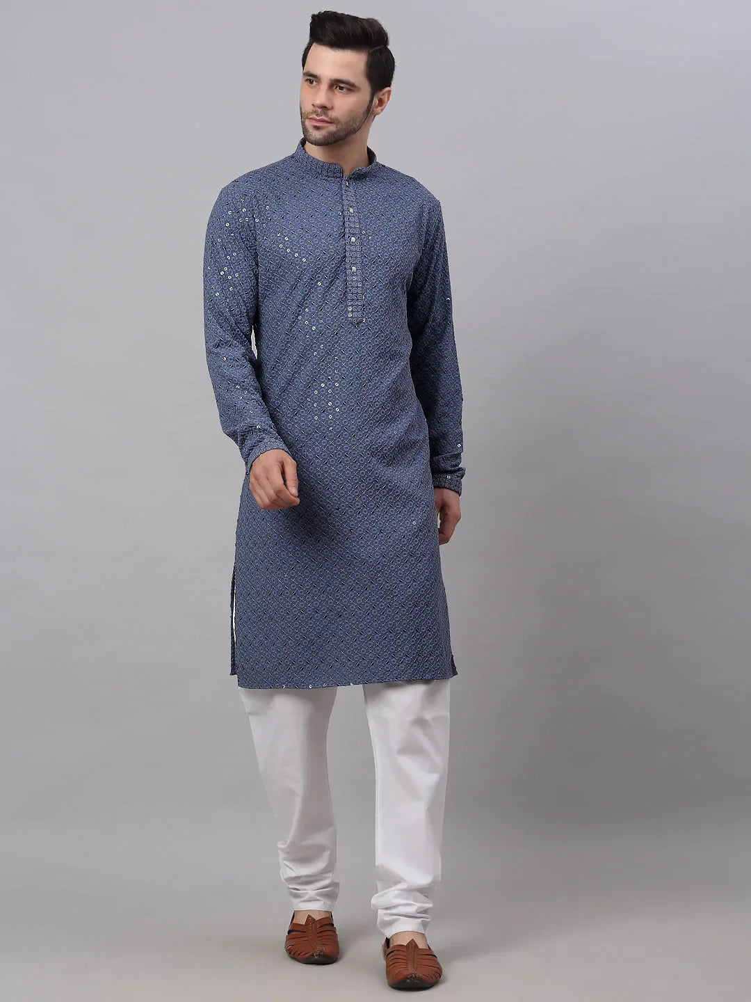 Jompers Men's Grey Chikankari Embroidered and Sequence Kurta with Churidar