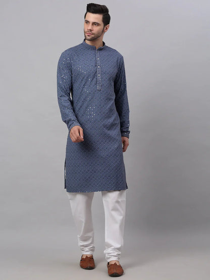 Jompers Men's Grey Chikankari Embroidered and Sequence Kurta with Churidar