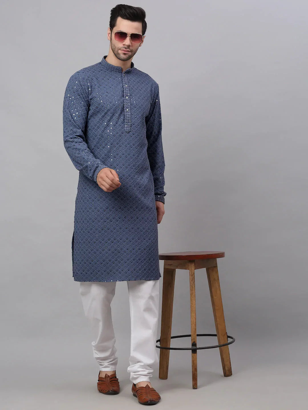 Jompers Men's Grey Chikankari Embroidered and Sequence Kurta with Churidar