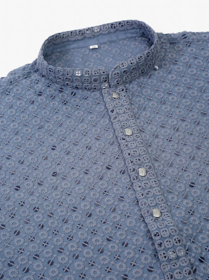 Jompers Men's Grey Chikankari Embroidered and Sequence Kurta with Churidar