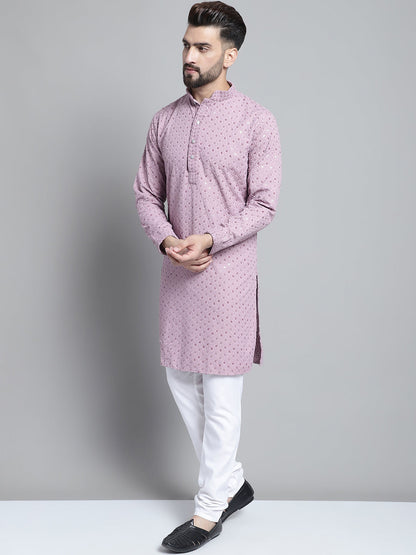 Jompers Men's Purple Chikankari Embroidered and Sequence Kurta with Churidar