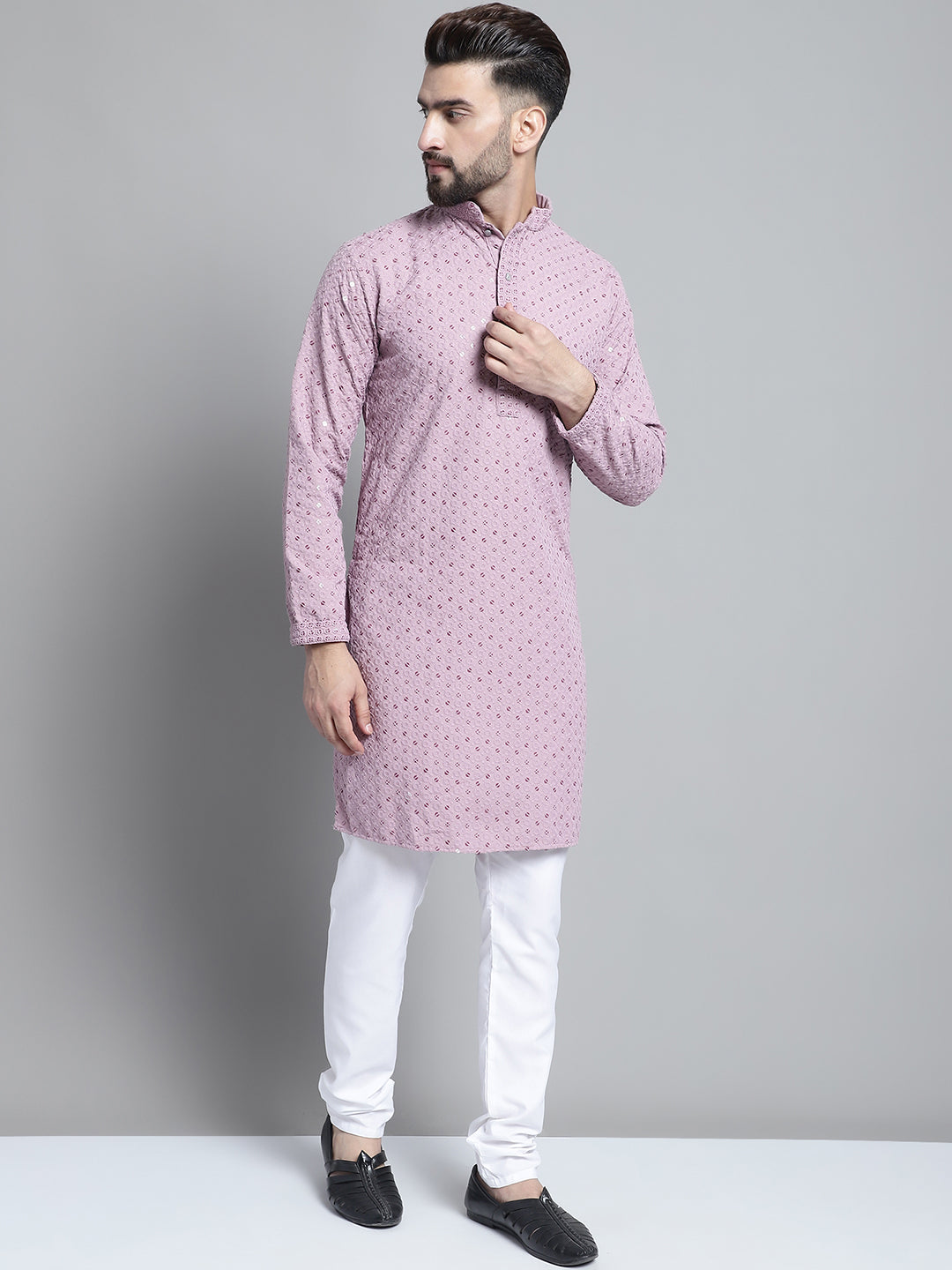 Jompers Men's Purple Chikankari Embroidered and Sequence Kurta with Churidar