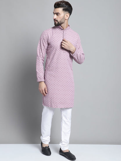 Jompers Men's Purple Chikankari Embroidered and Sequence Kurta with Churidar
