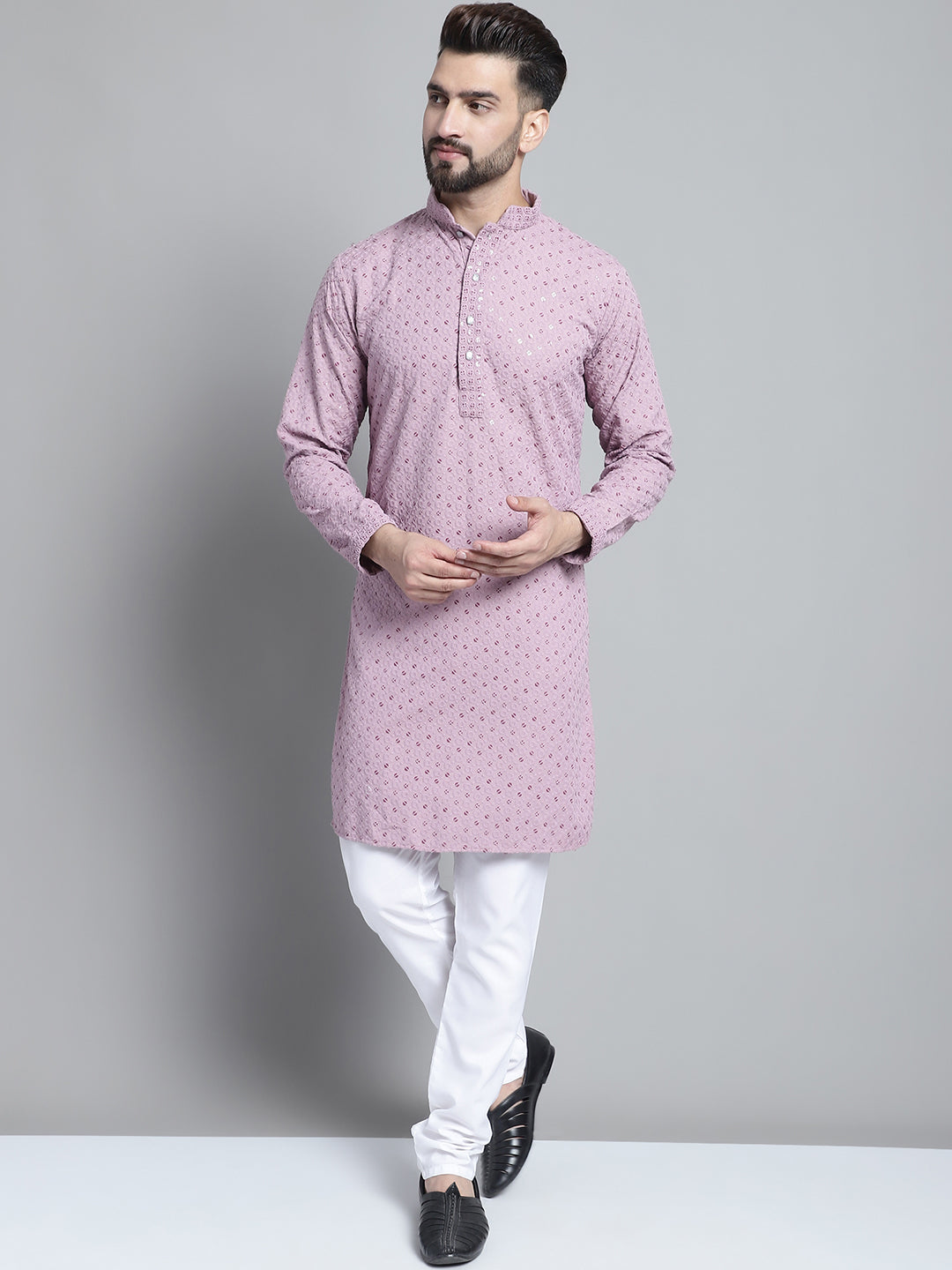 Jompers Men's Purple Chikankari Embroidered and Sequence Kurta with Churidar