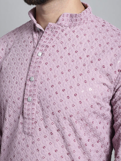 Jompers Men's Purple Chikankari Embroidered and Sequence Kurta with Churidar