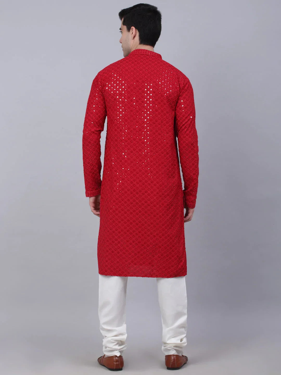 Jompers Men's Maroon Chikankari Embroidered and Sequence Kurta with Churidar