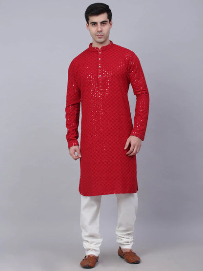 Jompers Men's Maroon Chikankari Embroidered and Sequence Kurta with Churidar