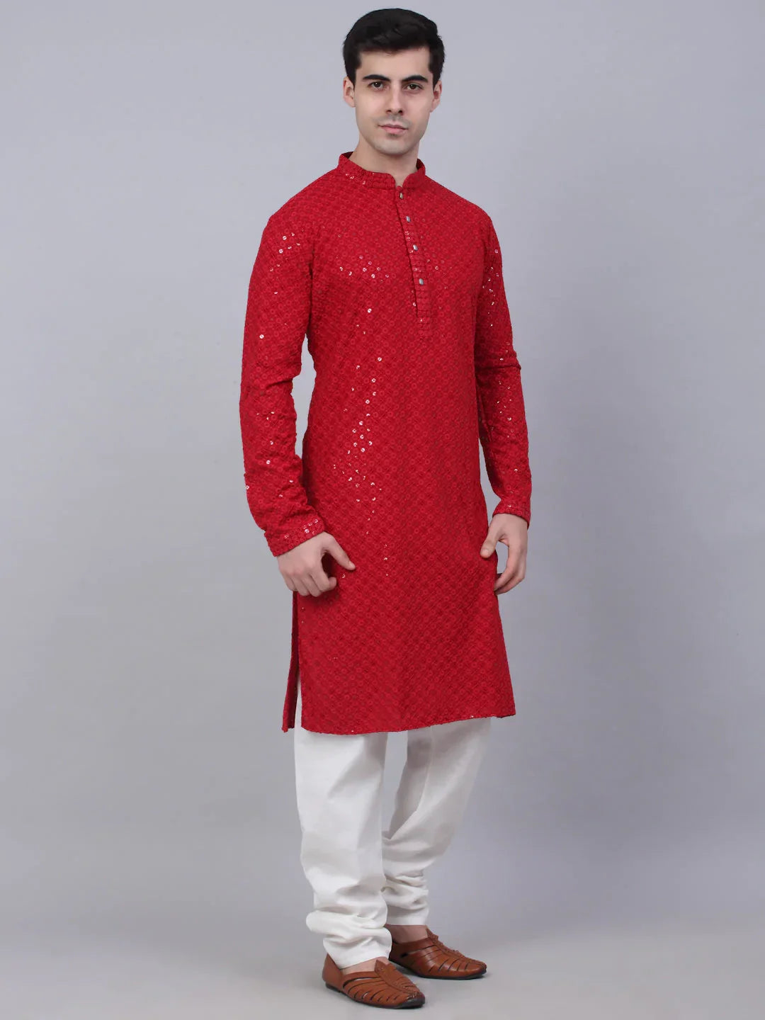 Jompers Men's Maroon Chikankari Embroidered and Sequence Kurta with Churidar