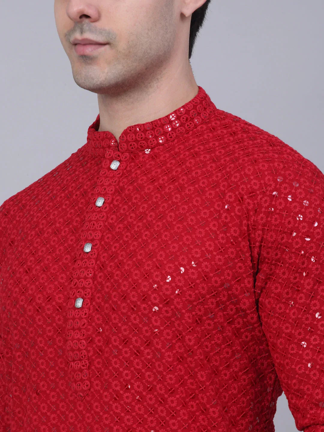 Jompers Men's Maroon Chikankari Embroidered and Sequence Kurta with Churidar