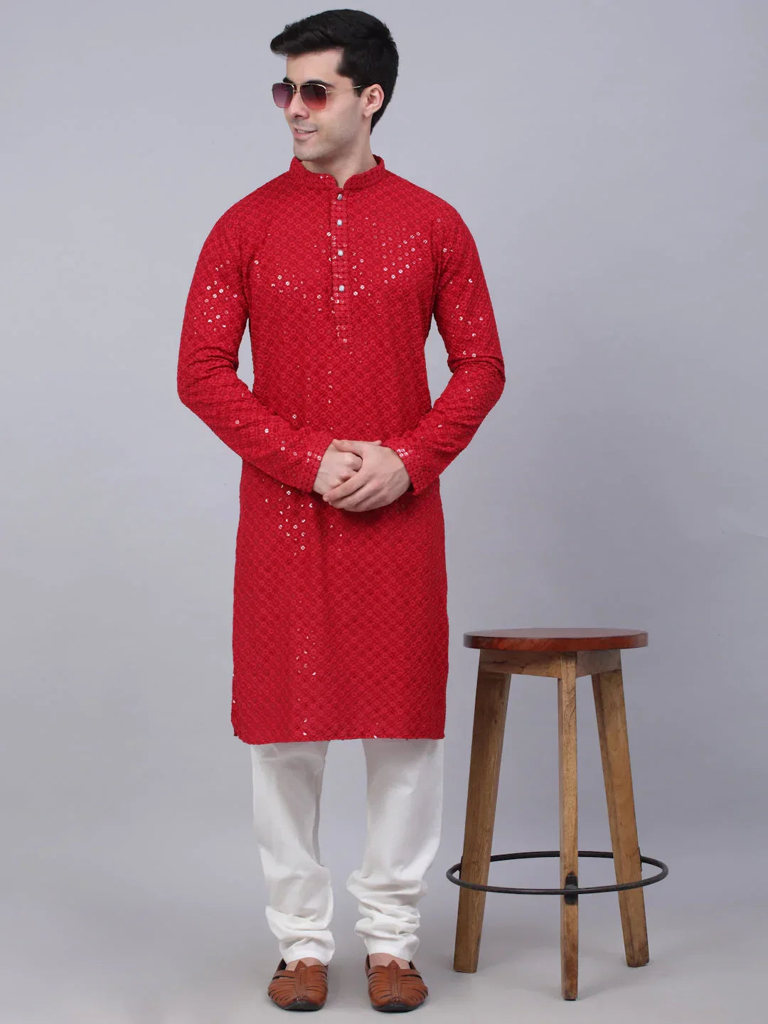 Jompers Men's Maroon Chikankari Embroidered and Sequence Kurta with Churidar