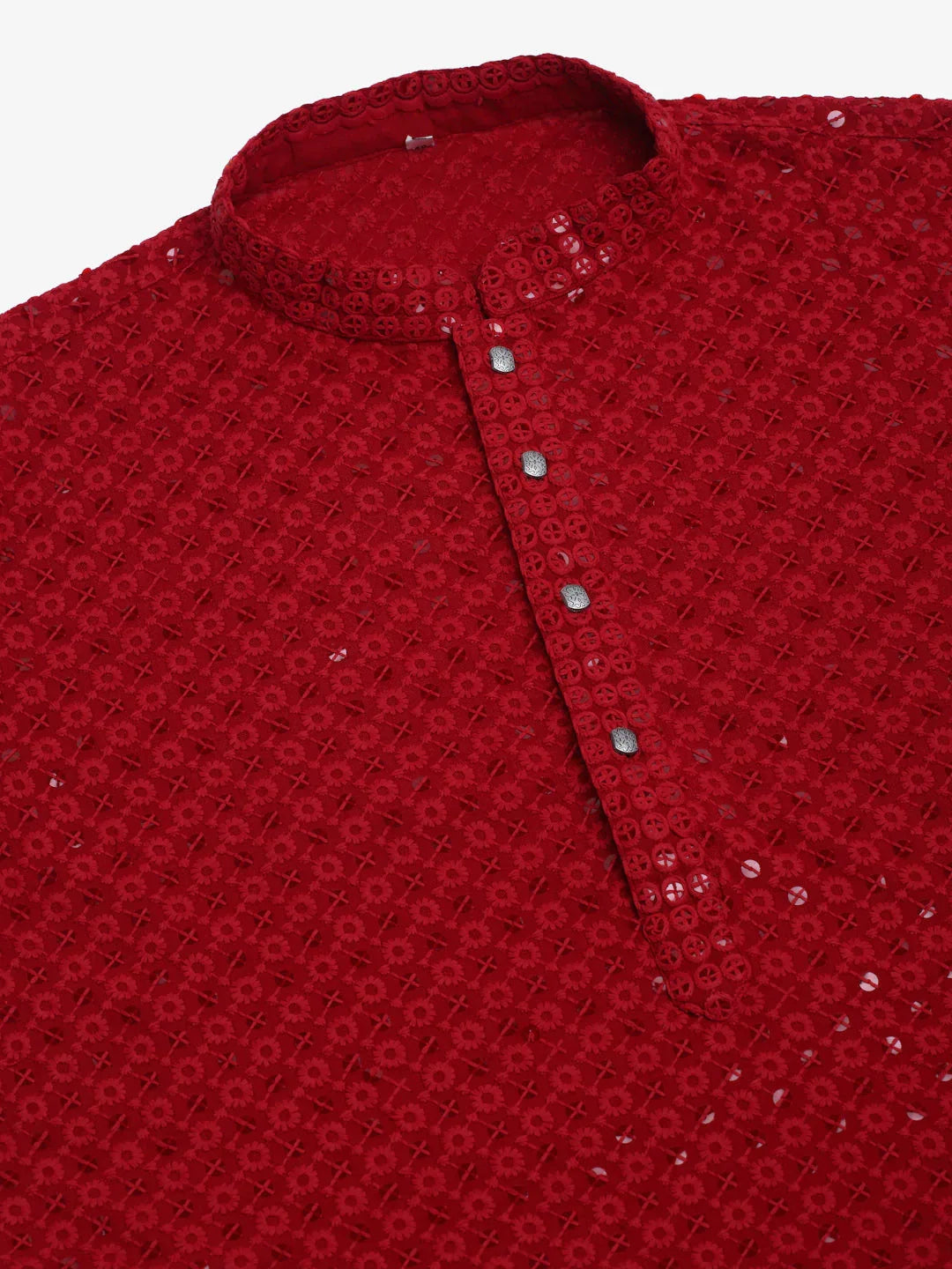 Jompers Men's Maroon Chikankari Embroidered and Sequence Kurta with Churidar