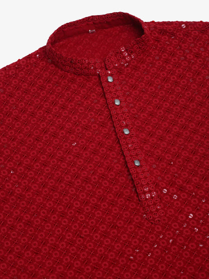 Jompers Men's Maroon Chikankari Embroidered and Sequence Kurta with Churidar