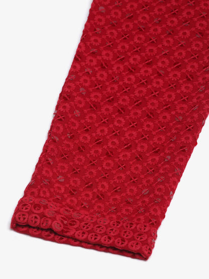 Jompers Men's Maroon Chikankari Embroidered and Sequence Kurta with Churidar