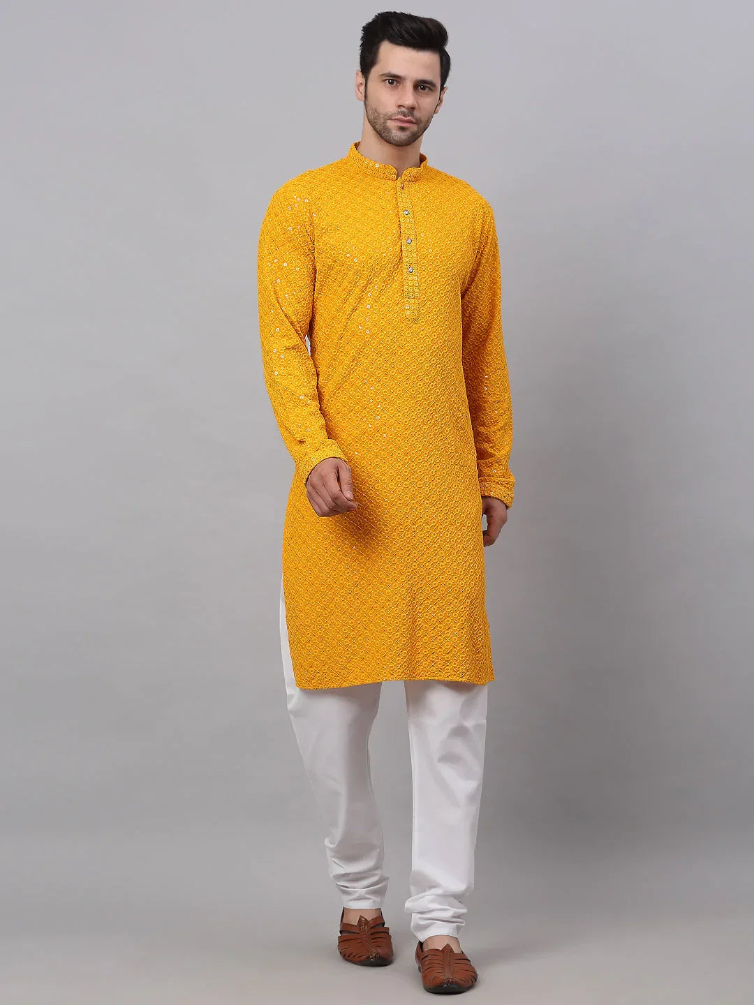 Jompers Men's Mustard Chikankari Embroidered and Sequence Kurta with Churidar