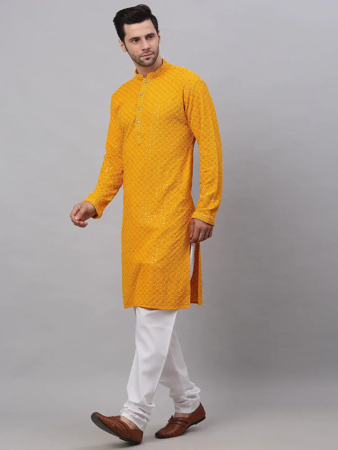 Jompers Men's Mustard Chikankari Embroidered and Sequence Kurta with Churidar