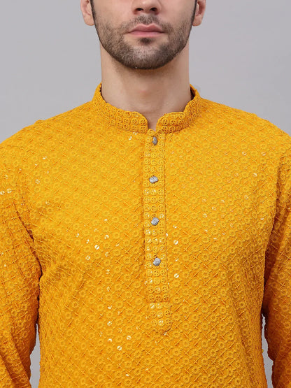 Jompers Men's Mustard Chikankari Embroidered and Sequence Kurta with Churidar