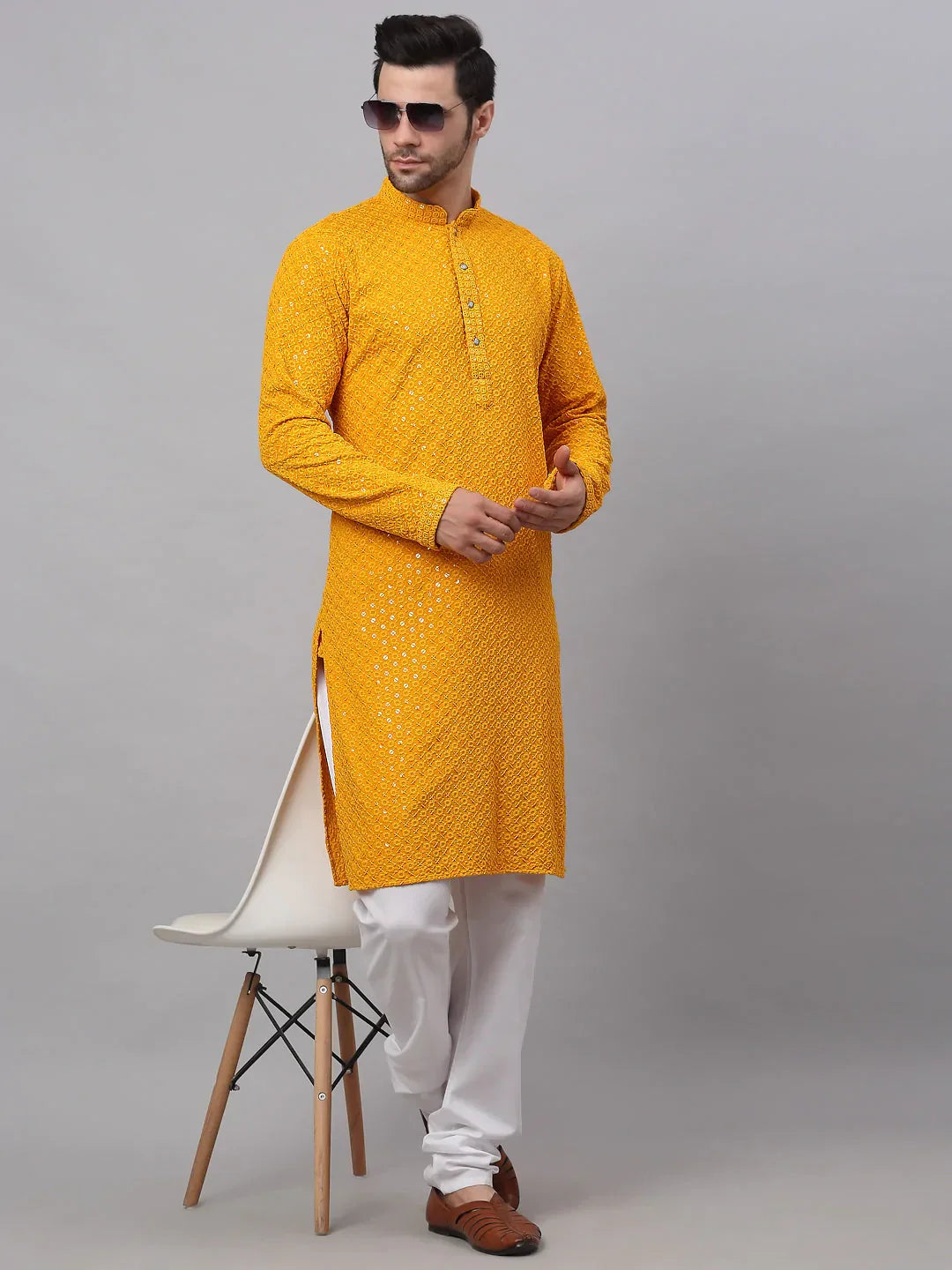 Jompers Men's Mustard Chikankari Embroidered and Sequence Kurta with Churidar