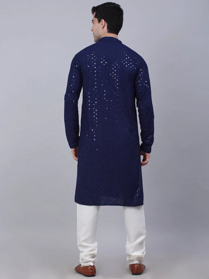Jompers Men's Navy Blue Chikankari Embroidered and Sequence Kurta with Churidar