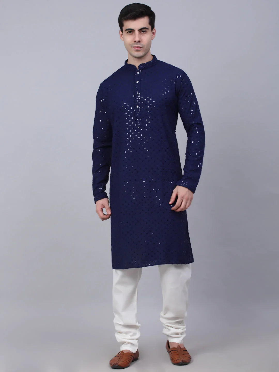 Jompers Men's Navy Blue Chikankari Embroidered and Sequence Kurta with Churidar