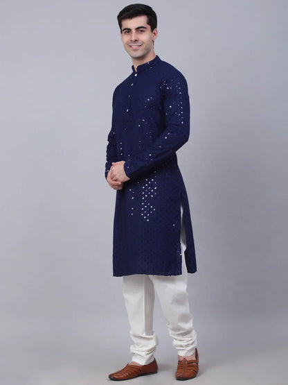 Jompers Men's Navy Blue Chikankari Embroidered and Sequence Kurta with Churidar
