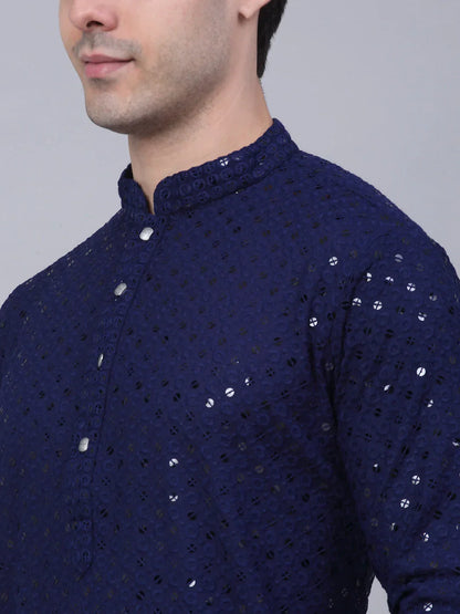 Jompers Men's Navy Blue Chikankari Embroidered and Sequence Kurta with Churidar