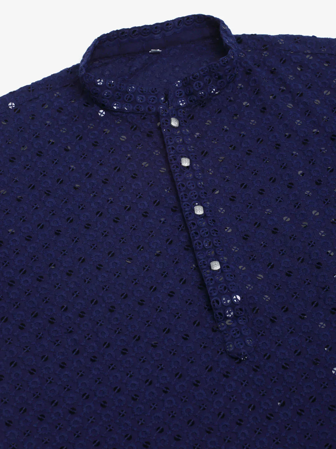Jompers Men's Navy Blue Chikankari Embroidered and Sequence Kurta with Churidar
