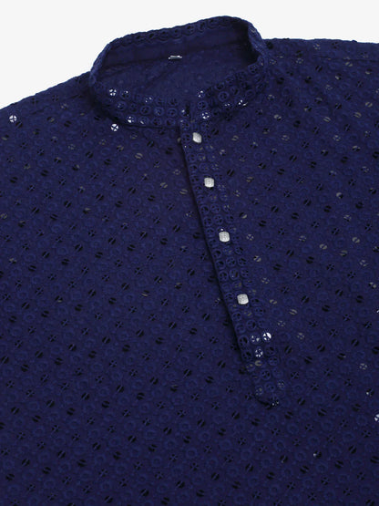 Jompers Men's Navy Blue Chikankari Embroidered and Sequence Kurta with Churidar