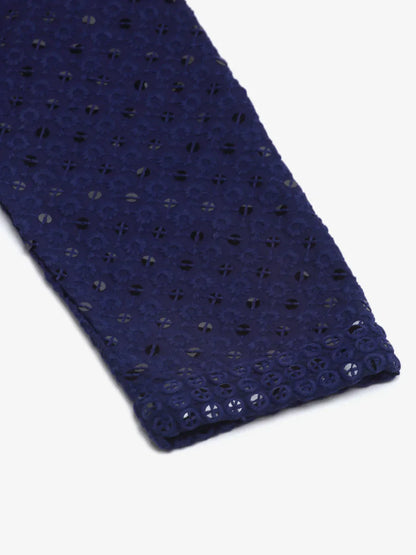 Jompers Men's Navy Blue Chikankari Embroidered and Sequence Kurta with Churidar