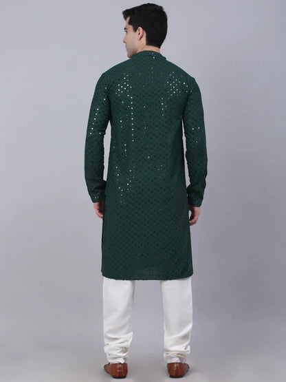 Jompers Men's Olive Green Chikankari Embroidered and Sequence Kurta with Churidar