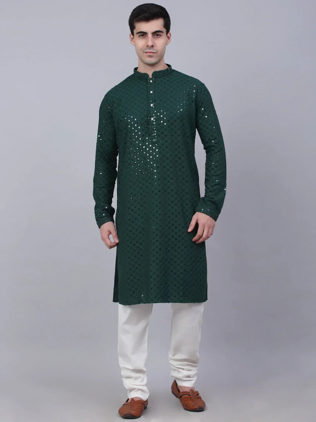 Jompers Men's Olive Green Chikankari Embroidered and Sequence Kurta with Churidar