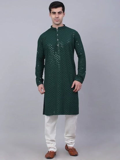 Jompers Men's Olive Green Chikankari Embroidered and Sequence Kurta with Churidar